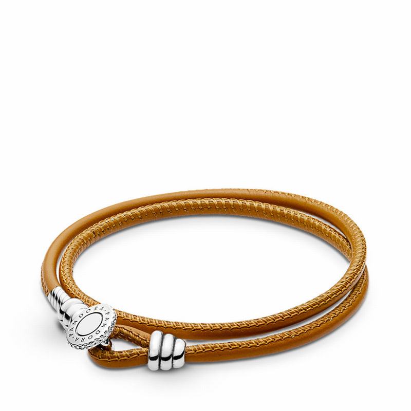 Pandora Golden Tan Double Leather Bracelet - Sterling Silver/Leather/Brown/Cubic Zirconia - Canada |